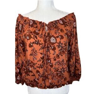 NWT Aura The Label Autumn Boho Smocked Off Shoulder Earthy Floral Brown Top S